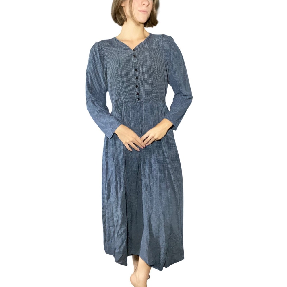 Handmade Vintage Cottagecore Navy Polka Dot Maxi Dress Prairie Modest - Large
